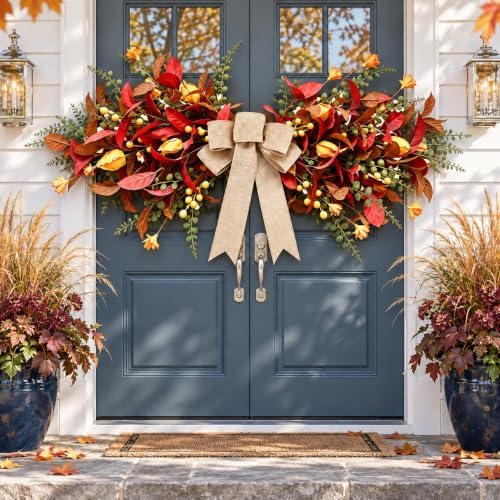 24'' Fall Table Centerpiece Fall Swag Decoration with Bow Artificial Eucalyptus Forsythia Thanksgiving Autumn