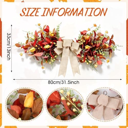 24'' Fall Table Centerpiece Fall Swag Decoration with Bow Artificial Eucalyptus Forsythia Thanksgiving Autumn, alternate view