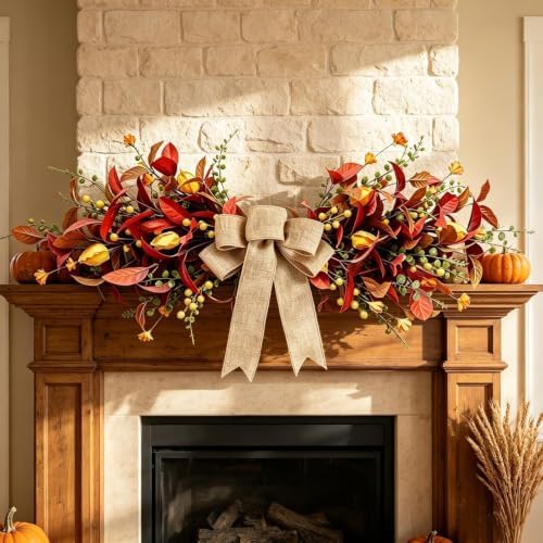 24'' Fall Table Centerpiece Fall Swag Decoration with Bow Artificial Eucalyptus Forsythia Thanksgiving Autumn, alternate view