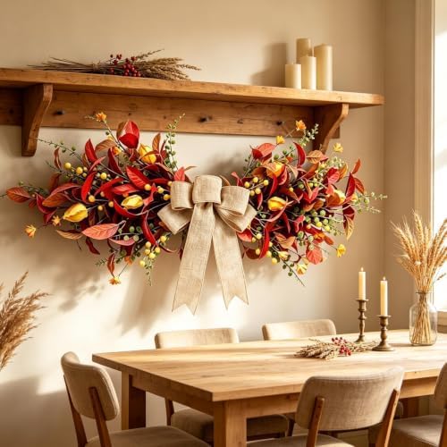24'' Fall Table Centerpiece Fall Swag Decoration with Bow Artificial Eucalyptus Forsythia Thanksgiving Autumn, alternate view