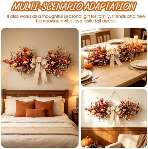 24'' Fall Table Centerpiece Fall Swag Decoration with Bow Artificial Eucalyptus Forsythia Thanksgiving Autumn, alternate view