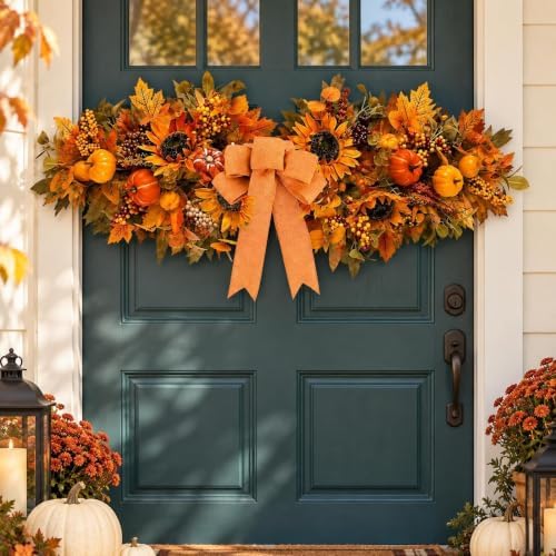 24'' Fall Table Centerpiece Fall Swag Decoration with Pumpkin Sunflowers Berries Bow Autumn Artificial