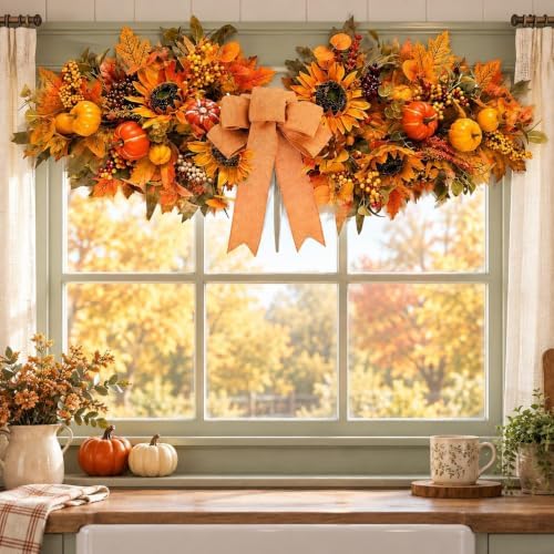 24'' Fall Table Centerpiece Fall Swag Decoration with Pumpkin Sunflowers Berries Bow Autumn Artificial, alternate view 2