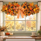 24'' Fall Table Centerpiece Fall Swag Decoration with Pumpkin Sunflowers Berries Bow Autumn Artificial, alternate view 2