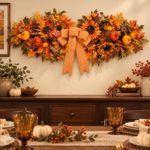 24'' Fall Table Centerpiece Fall Swag Decoration with Pumpkin Sunflowers Berries Bow Autumn Artificial, alternate view 4