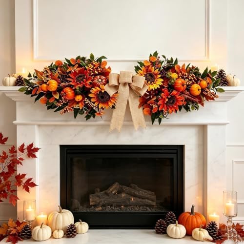 24'' Fall Table Centerpiece Fall Swag Decoration with Pumpkin Sunflowers Berries Bow Autumn Artificial, alternate view 6