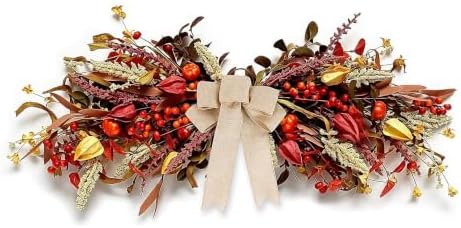 24" Fall Teardrop Swag Wreaths for Front Door Autumn Floral Swag with Flower Pumpkins Maple Leaves Berrie Table