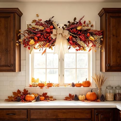 24" Fall Teardrop Swag Wreaths for Front Door Autumn Floral Swag with Flower Pumpkins Maple Leaves Berrie Table, alternate