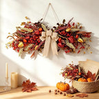 24" Fall Teardrop Swag Wreaths for Front Door Autumn Floral Swag with Flower Pumpkins Maple Leaves Berrie Table, alternate