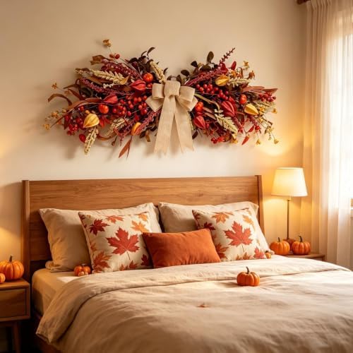 24" Fall Teardrop Swag Wreaths for Front Door Autumn Floral Swag with Flower Pumpkins Maple Leaves Berrie Table, alternate