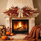 24" Fall Teardrop Swag Wreaths for Front Door Autumn Floral Swag with Flower Pumpkins Maple Leaves Berrie Table, alternate
