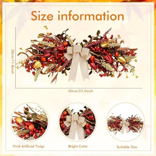 24" Fall Teardrop Swag Wreaths for Front Door Autumn Floral Swag with Flower Pumpkins Maple Leaves Berrie Table, alternate
