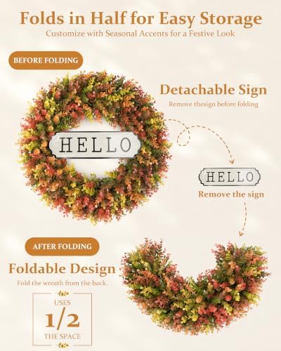 24" Fall Wreath for Front Door, Artificial Boxwood Autumn Wreath, alternate view 5