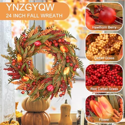 24" Fall Wreath for Front Door, Cattails Berries Thanksgiving Autumn Wreaths, alternate view 2