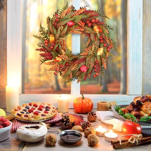 24" Fall Wreath for Front Door, Cattails Berries Thanksgiving Autumn Wreaths, alternate view 3
