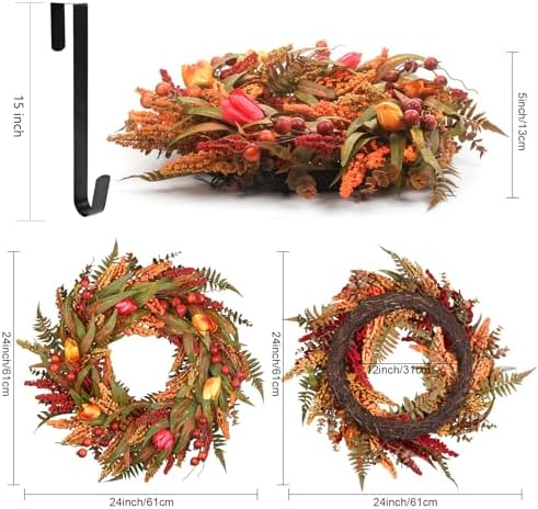 24" Fall Wreath for Front Door, Cattails Berries Thanksgiving Autumn Wreaths, alternate view 4