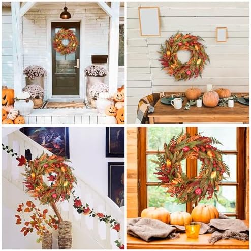 24" Fall Wreath for Front Door, Cattails Berries Thanksgiving Autumn Wreaths, alternate view 5
