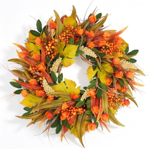 24" Fall Wreath for Front Door Outside Harvest Autumn Wreath in Orange Lantern