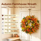 24" Fall Wreath for Front Door Outside Harvest Autumn Wreath in Orange Lantern, alternate view 4