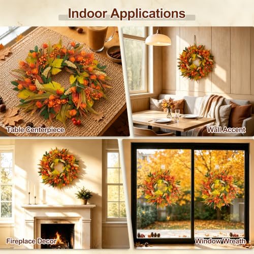 24" Fall Wreath for Front Door Outside Harvest Autumn Wreath in Orange Lantern, alternate view 5
