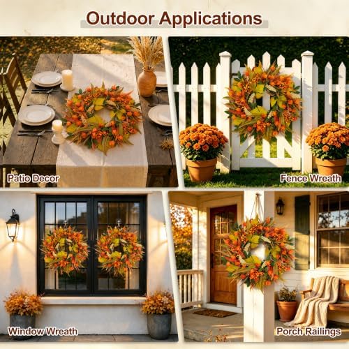 24" Fall Wreath for Front Door Outside Harvest Autumn Wreath in Orange Lantern, alternate view 6