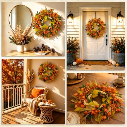 24" Fall Wreath for Front Door Outside Harvest Autumn Wreath in Orange Lantern, alternate view 7