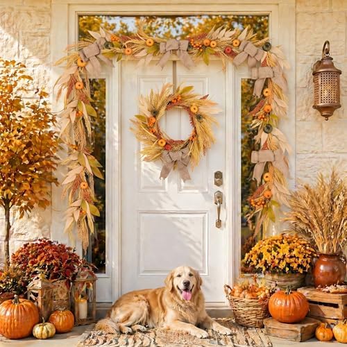 24'' Fall Wreath for Front Door with Lights & Burlap Bow in Orange and Gold, alternate view 2