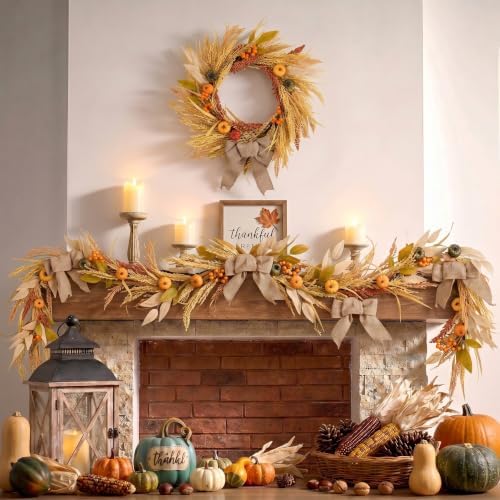 24'' Fall Wreath for Front Door with Lights & Burlap Bow in Orange and Gold, alternate view 3