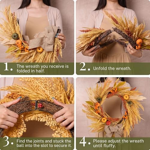 24'' Fall Wreath for Front Door with Lights & Burlap Bow in Orange and Gold, alternate view 5