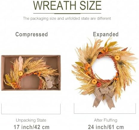 24'' Fall Wreath for Front Door with Lights & Burlap Bow in Orange and Gold, alternate view 6