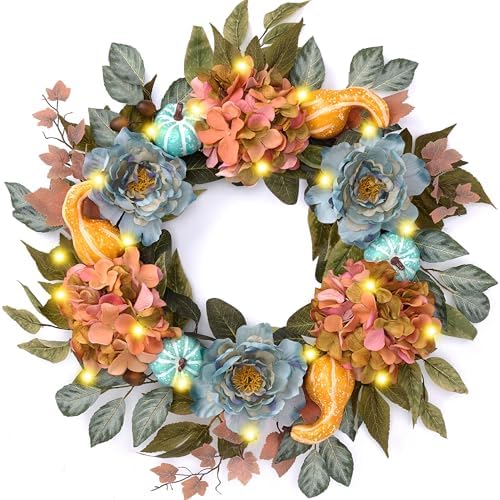 24'' Fall Wreath for Front Door with Lights & Peony Hydrangea in Orange and Blue