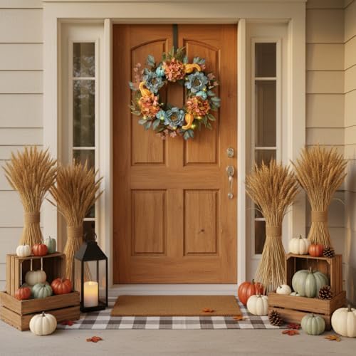 24'' Fall Wreath for Front Door with Lights & Peony Hydrangea in Orange and Blue, alternate view 2