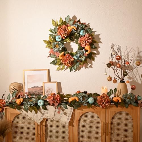24'' Fall Wreath for Front Door with Lights & Peony Hydrangea in Orange and Blue, alternate view 3