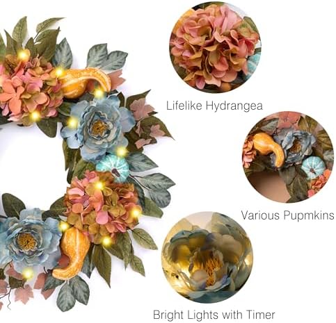 24'' Fall Wreath for Front Door with Lights & Peony Hydrangea in Orange and Blue, alternate view 4