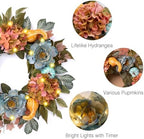 24'' Fall Wreath for Front Door with Lights & Peony Hydrangea in Orange and Blue, alternate view 4