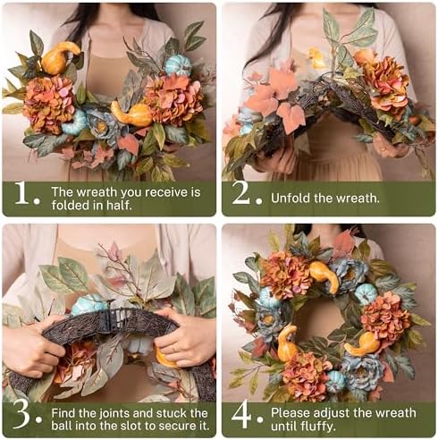 24'' Fall Wreath for Front Door with Lights & Peony Hydrangea in Orange and Blue, alternate view 5