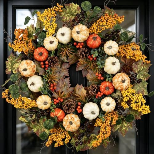 24" Fall Wreaths for Front Door Harvest Pumpkin Autumn Wreath in Yellow
