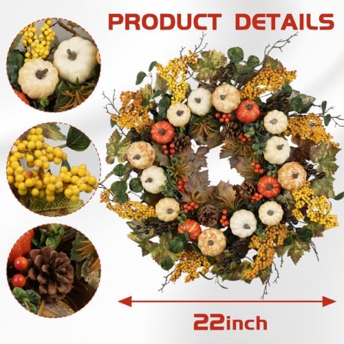 24" Fall Wreaths for Front Door Harvest Pumpkin Autumn Wreath in Yellow, alternate view 2