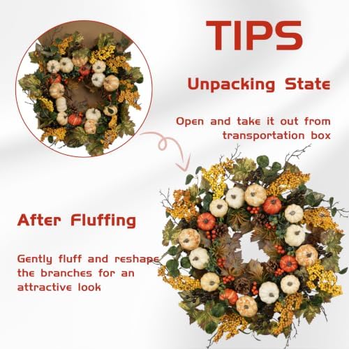 24" Fall Wreaths for Front Door Harvest Pumpkin Autumn Wreath in Yellow, alternate view 3