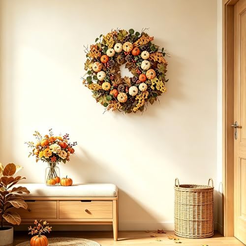 24" Fall Wreaths for Front Door Harvest Pumpkin Autumn Wreath in Yellow, alternate view 6