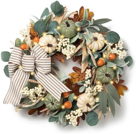 24'' Fall Wreaths for Front Door with LED Lights in White/Green