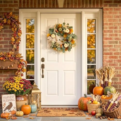 24'' Fall Wreaths for Front Door with LED Lights in White/Green, alternate view 2