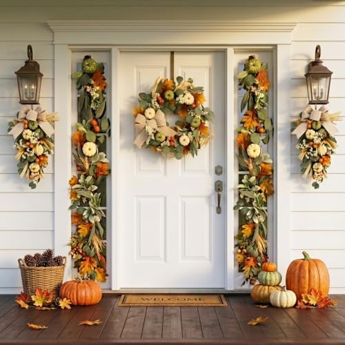 24'' Fall Wreaths for Front Door with LED Lights in White/Green, alternate view 3