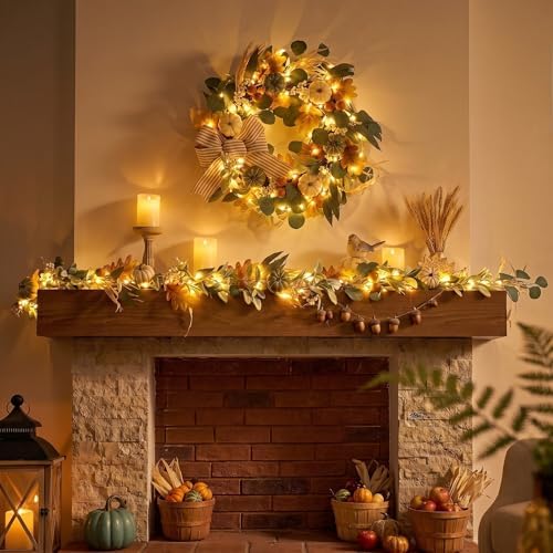24'' Fall Wreaths for Front Door with LED Lights in White/Green, alternate view 4