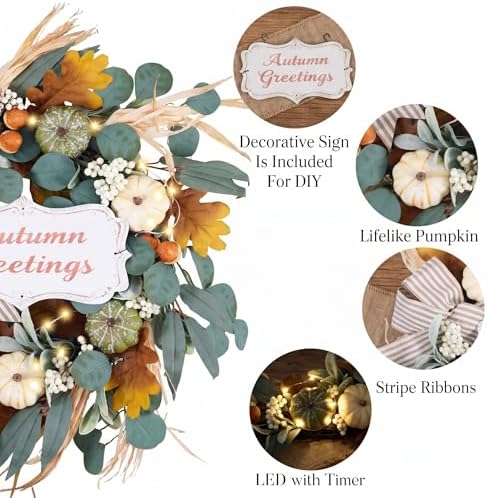 24'' Fall Wreaths for Front Door with LED Lights in White/Green, alternate view 5
