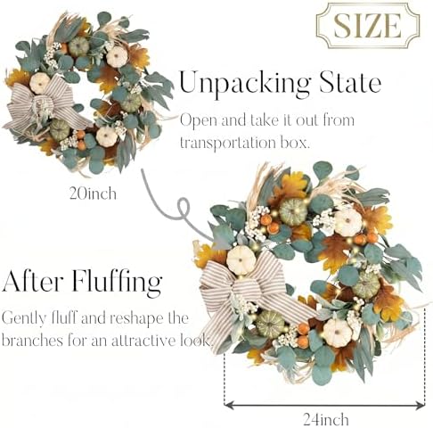 24'' Fall Wreaths for Front Door with LED Lights in White/Green, alternate view 6