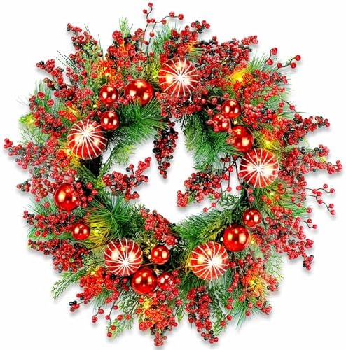 24" Frosty Berry Christmas Wreath, 20 Fairy Lights Battery Powered in Red Berries