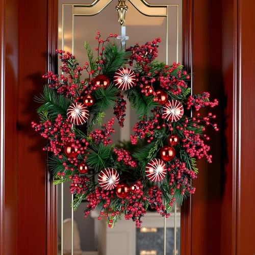 24" Frosty Berry Christmas Wreath, 20 Fairy Lights Battery Powered in Red Berries, alternate view 2