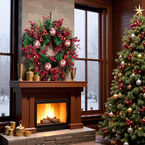 24" Frosty Berry Christmas Wreath, 20 Fairy Lights Battery Powered in Red Berries, alternate view 6