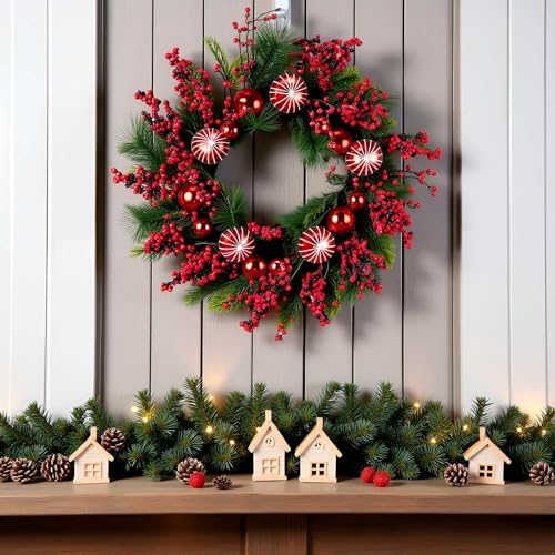 24" Frosty Berry Christmas Wreath, 20 Fairy Lights Battery Powered in Red Berries, alternate view 7